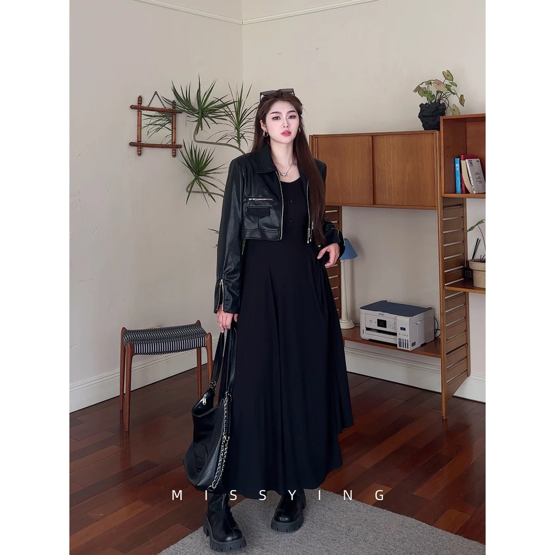 心怡私服【布莱克】微胖大码宽松显瘦时尚气质风小众纯色皮衣外套