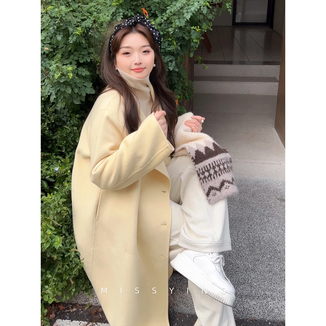 应小姐【牛津大衣】微胖大码黄色大衣气质风韩版羊毛显瘦长款双面呢