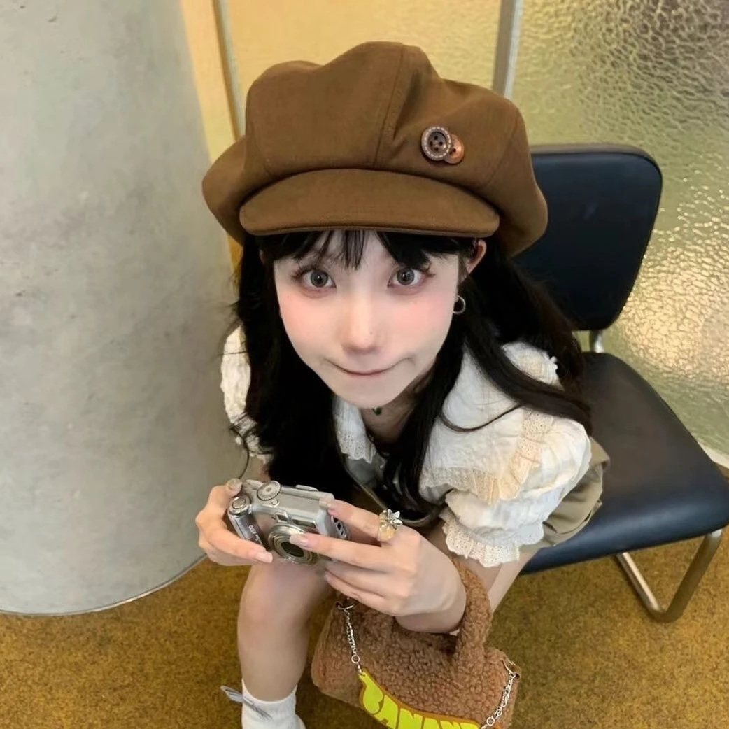 复古手工纽扣云朵帽贝雷帽女棕色秋冬大头围显脸小报童帽八角帽子