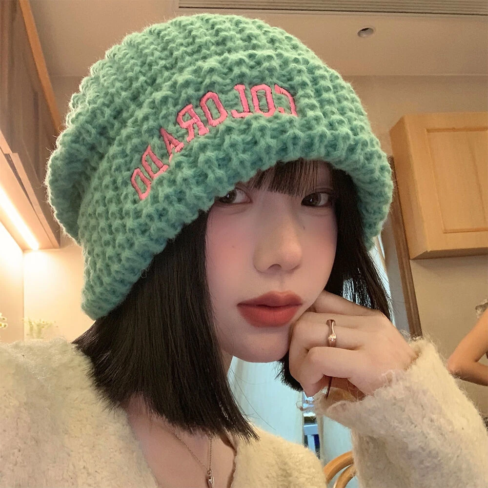 纯色字母毛线帽女秋冬大头围韩版堆堆帽逛街显脸小针织帽保暖护耳