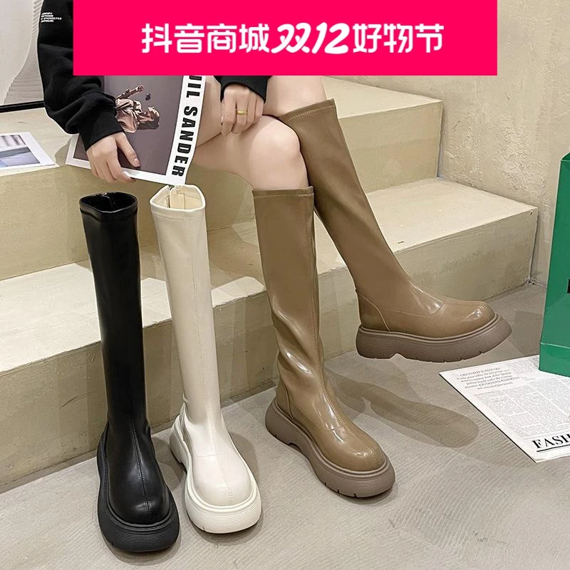 增高显瘦不过膝长靴女2023年新款高筒时尚百搭小个子英伦风骑士靴