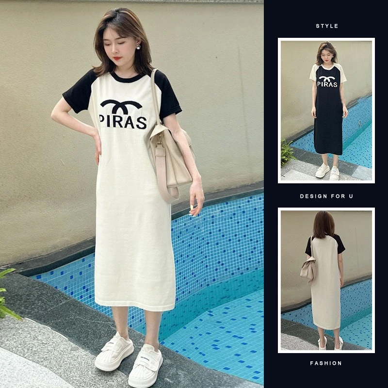 孕妇装夏季连衣裙时尚宽松大码中长款休闲夏天开叉显瘦短袖连衣裙