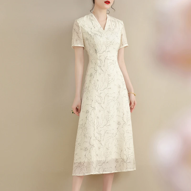 水墨青华夏季新款时尚百搭中长款连衣裙收腰显瘦V领印花裙