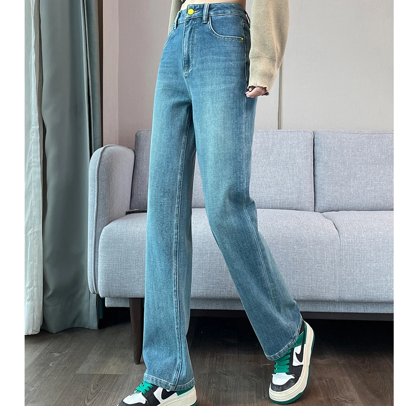 高端定制新四面弹秋冬高腰厚款女装修身显瘦百搭窄版直筒女牛仔裤