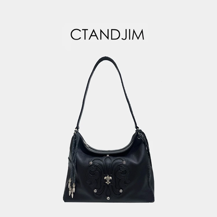 CTANDJIM暗黑马毛皮草流苏小牛皮黑色流浪包嬉皮包 腋下包 斜挎包