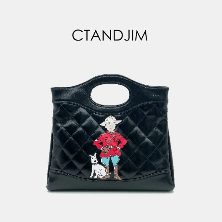 CTANDJIM 彩绘dingding历险记黑色小号3lbag菱格意大利头层油蜡皮