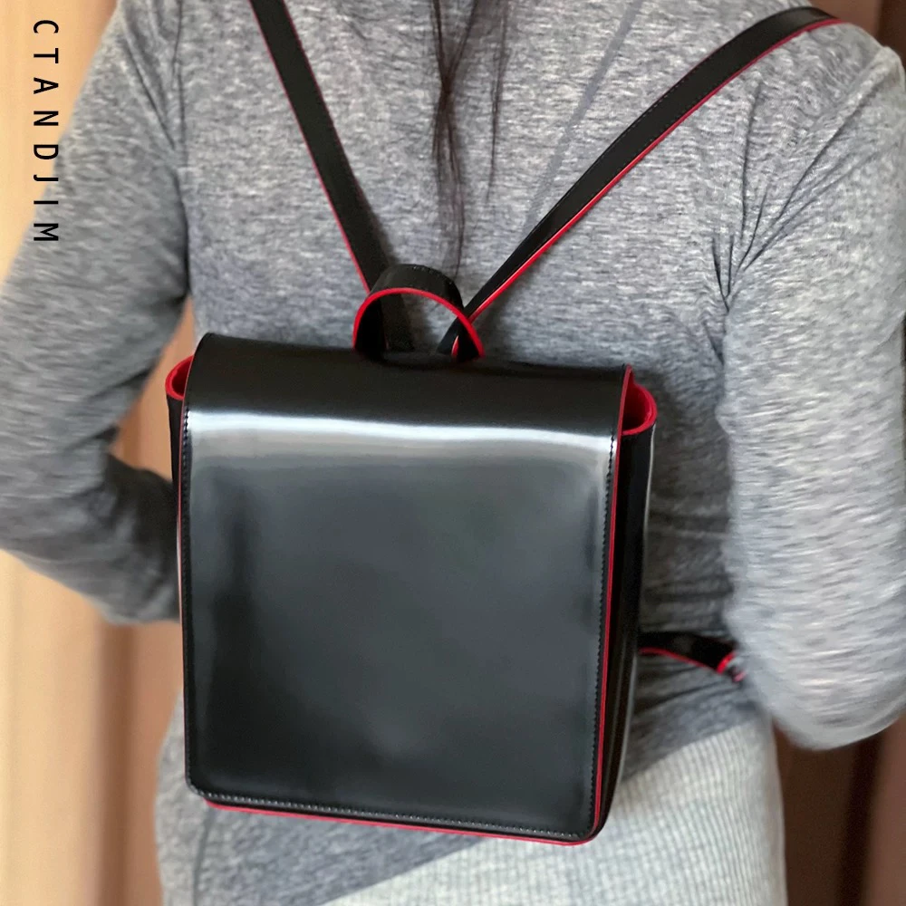 CTANDJIM西*后头层牛皮开边珠日系黑色翻盖双肩包 背包书包