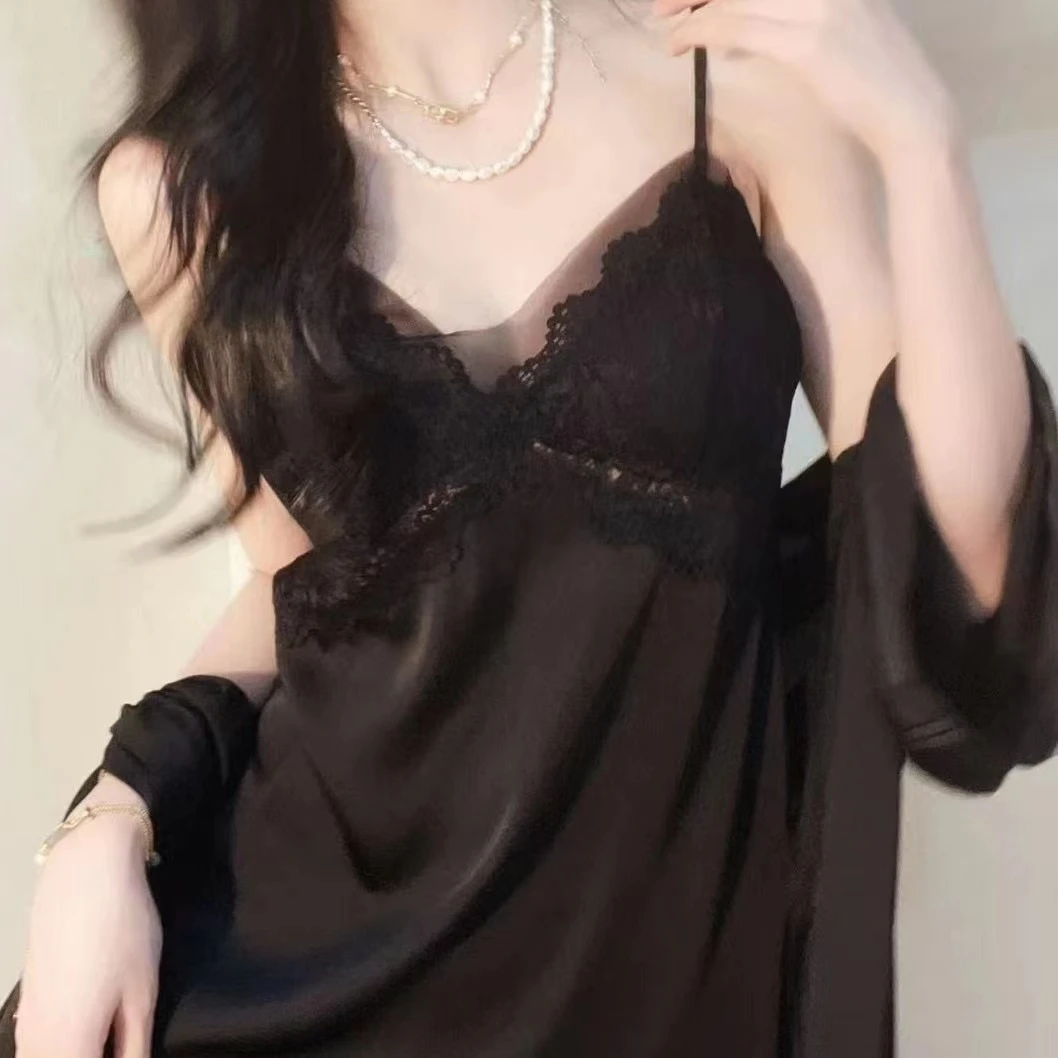 夏季薄款纯欲吊带睡衣2024睡裙睡袍性感蕾丝新款露背带胸垫美背