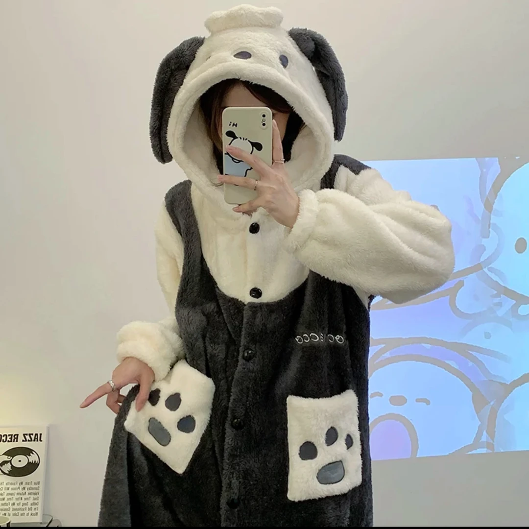 黑色帕恰狗冬天套装加绒加厚秋冬季中长款睡衣女甜美学生新连帽