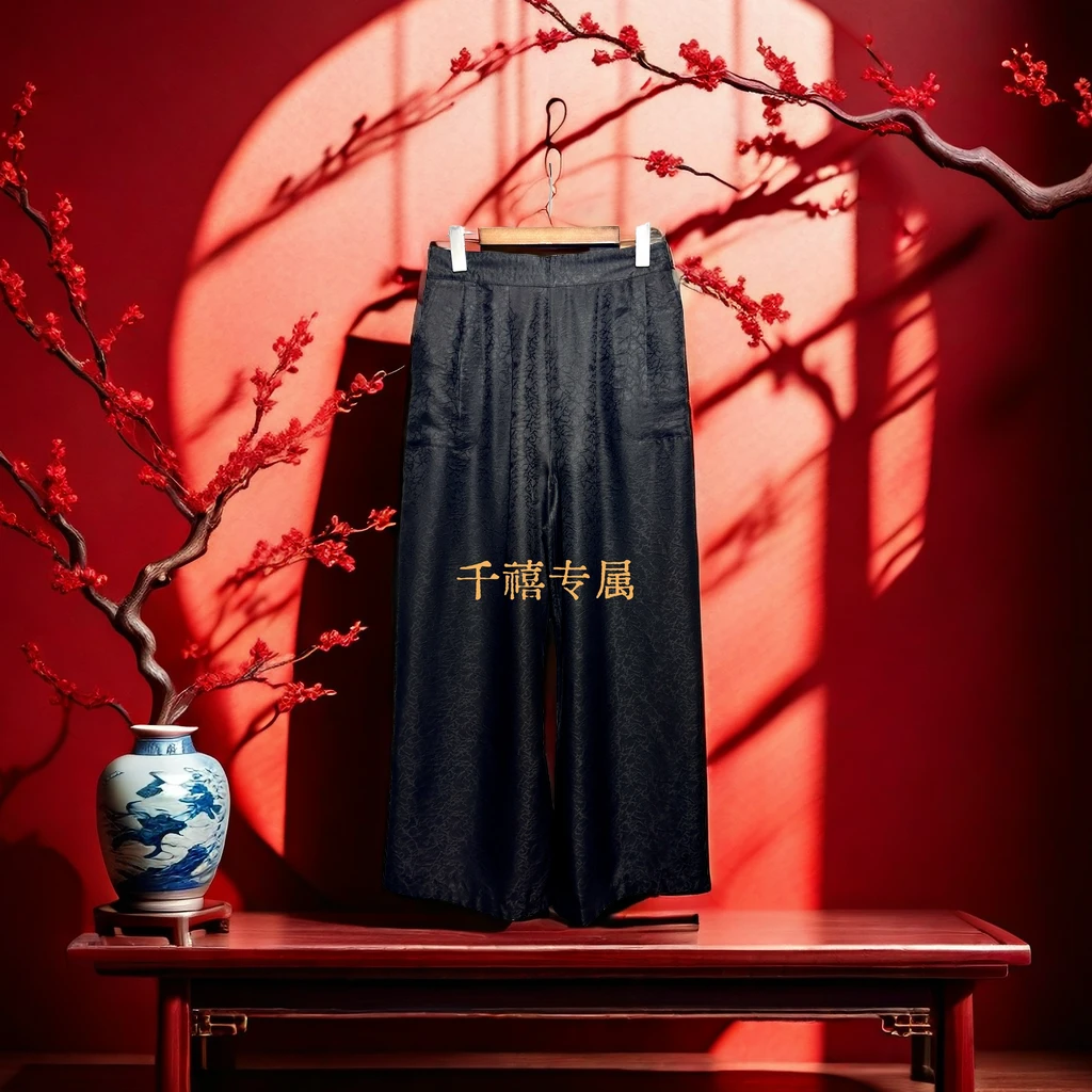 【千禧专属】799香云纱阔腿裤宽松百搭时尚休闲黑色复古中国风双层