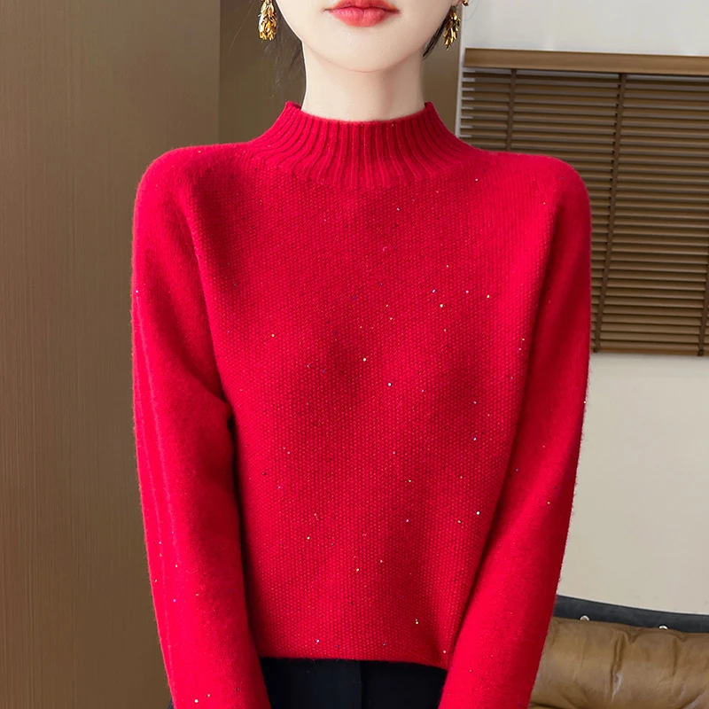 彩云珠片纱半高领~100%羊毛衫女秋冬新款打底衫星光璀璨针织衫