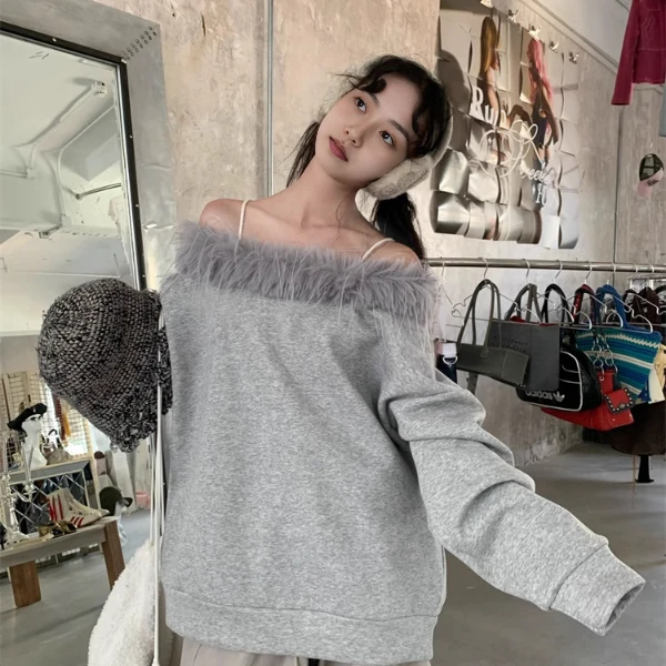 ACUN品牌 美式一字肩拼接毛绒卫衣女秋冬新款慵懒风休闲上衣外套