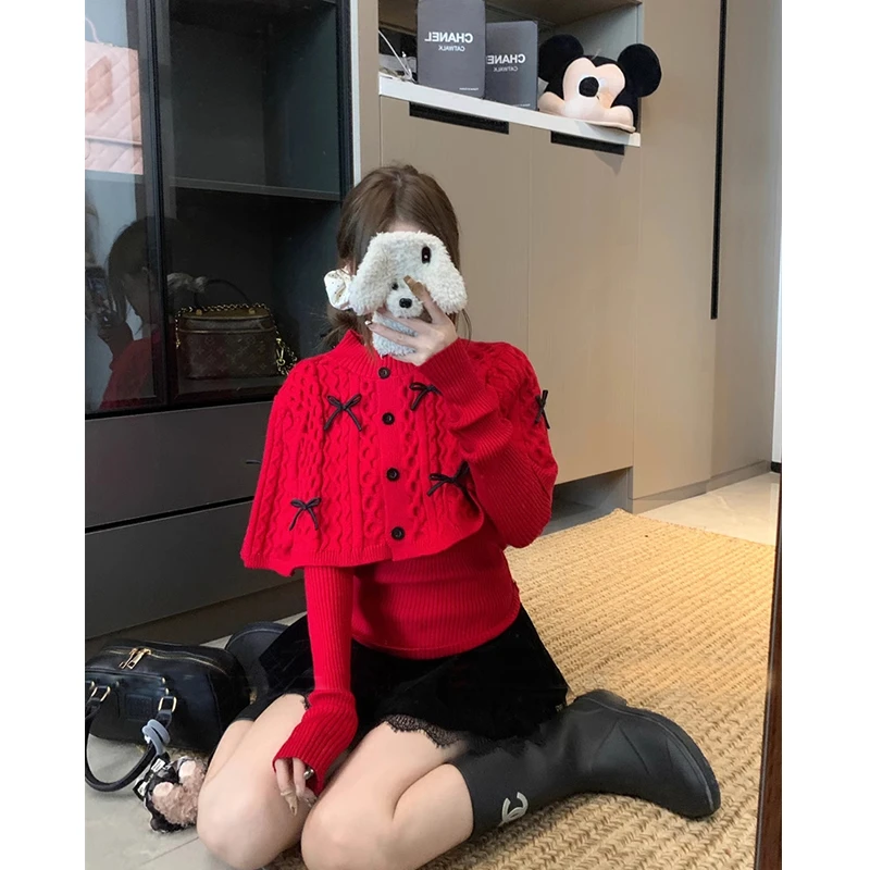 ACUN品牌 氛围感披肩叠穿两件套毛衣女纯欲高级感打底针织衫套装