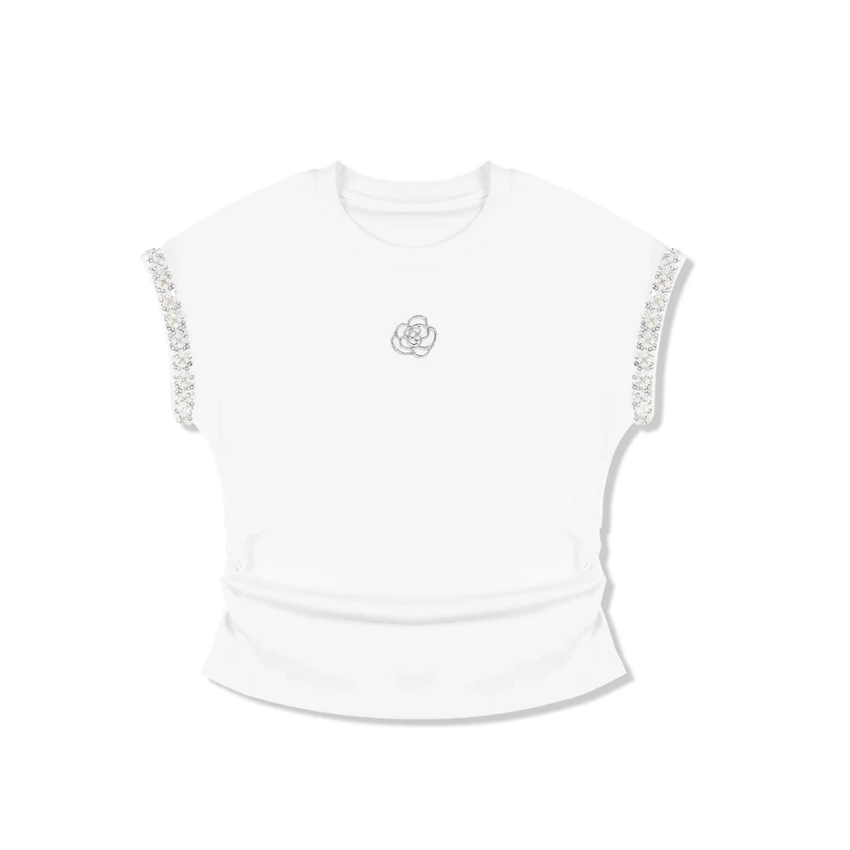 欧货重工亮片山茶花短袖t恤女棉感夏季圆领休闲修身洋气爆款上衣