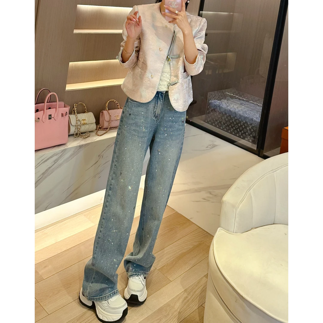 今年流行的爆款裤子女璀璨星河亮闪闪浅蓝色窄版阔腿牛仔裤直筒春