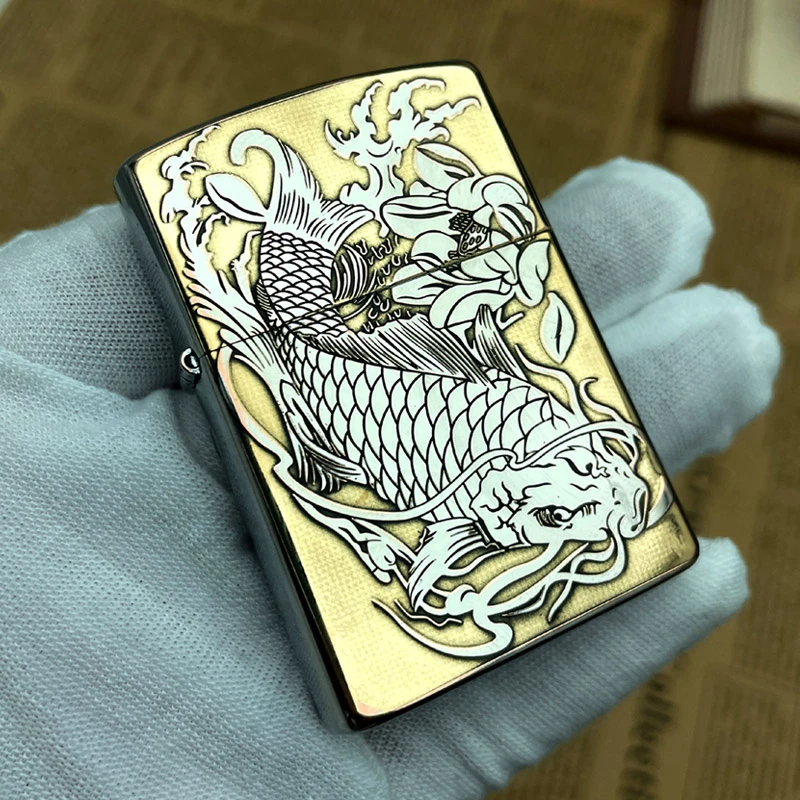 ZORRO佐罗煤油打火机银富贵鲤鱼浮雕黄铜创意砂轮限量老式火机
