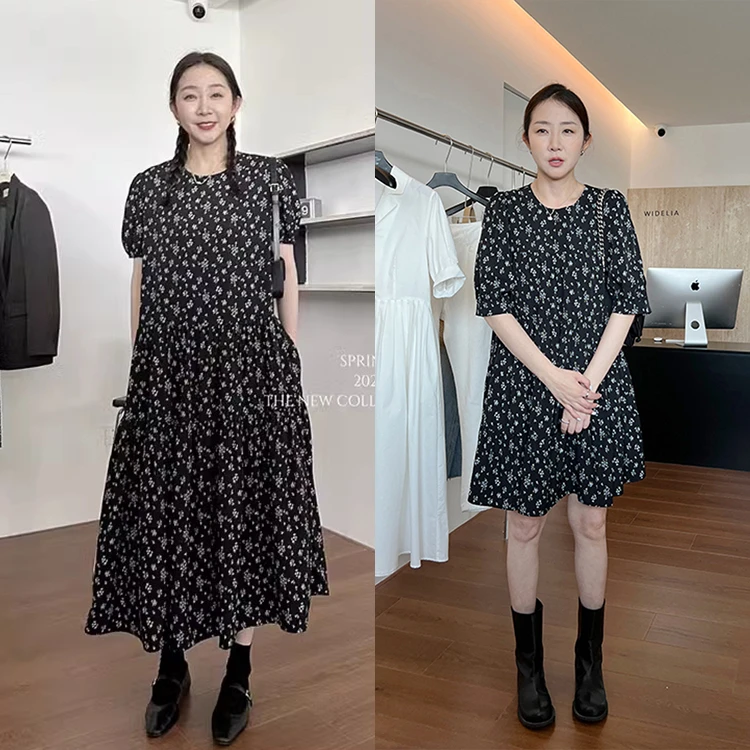 widelia春夏新款韩版黑色碎花裙女7173圆领中长款大摆短袖连衣裙