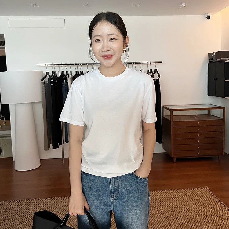 widelia陈姬儿春夏新款简约白色短袖T恤女基础圆领打底上衣5079