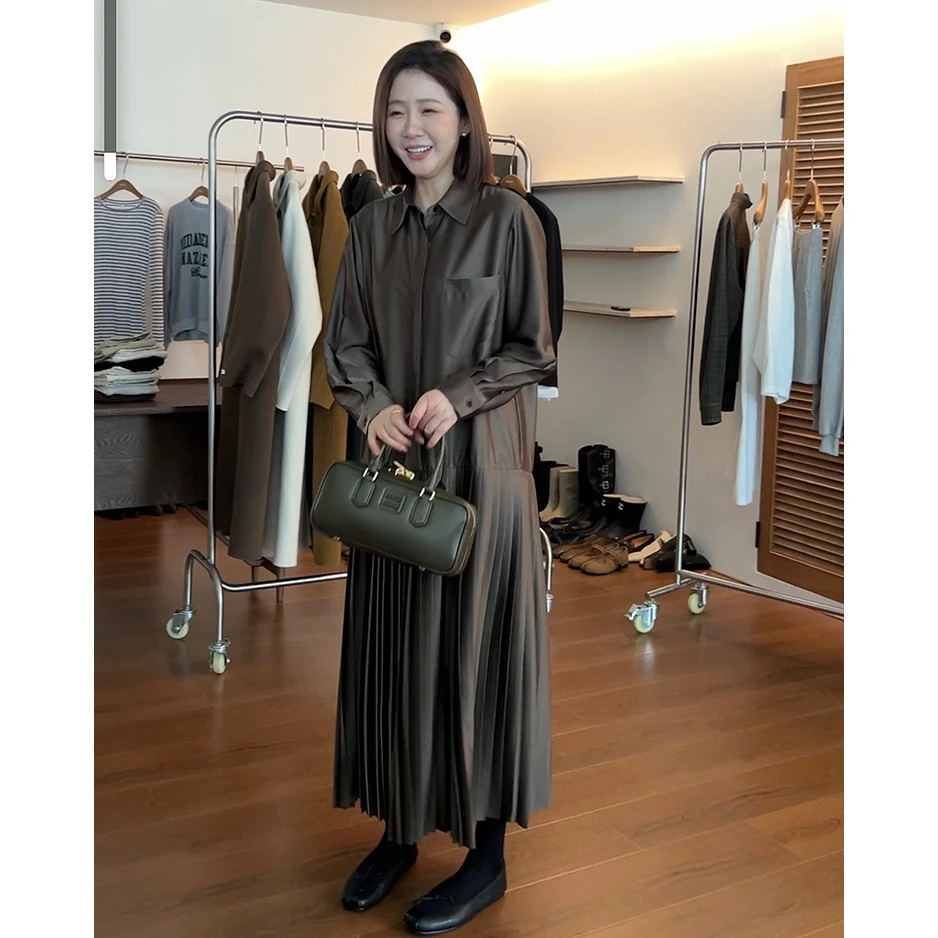 widelia陈姬儿秋季韩版小众设计感衬衫拼接百褶裙长连衣裙9250