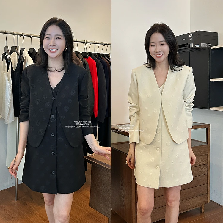 widelia陈姬儿秋季韩版气质山茶花背心裙+开衫外套两件套装9055