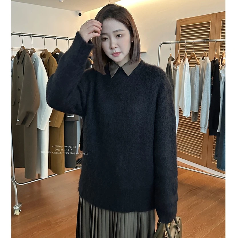 widelia秋冬韩版黑色毛衣女慵懒风百搭圆领针织衫上衣17123