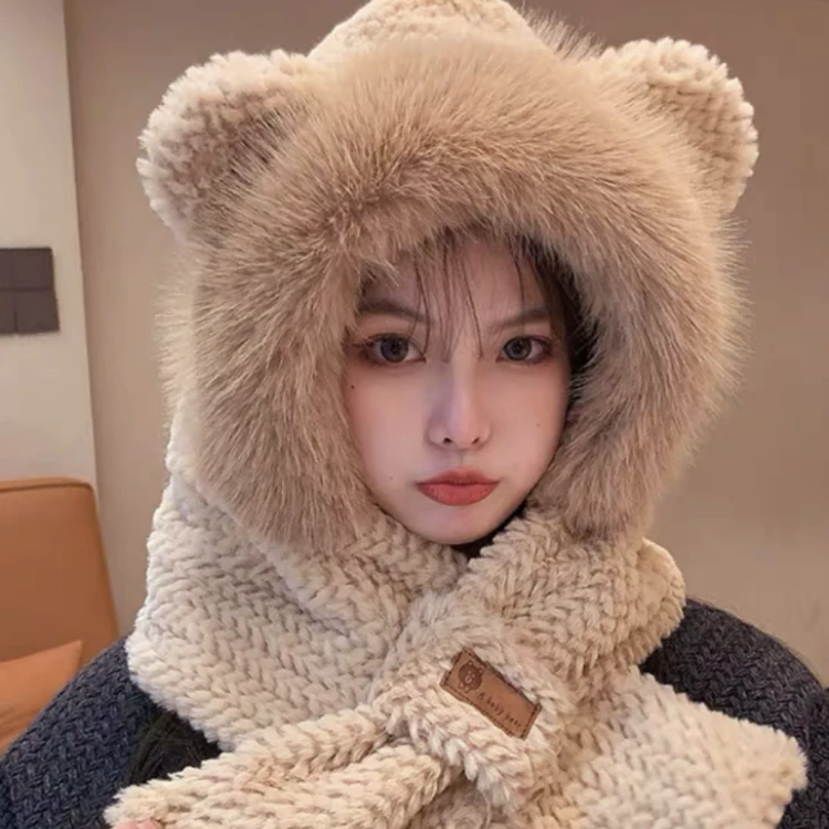 新疆包邮新款小熊帽子围巾一体帽女冬季骑车百搭保暖护耳可爱围脖