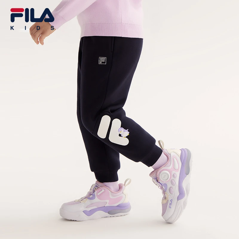 FILA斐乐童装正品2023冬款女小童宽松针织运动裤棉裤K11G342905F