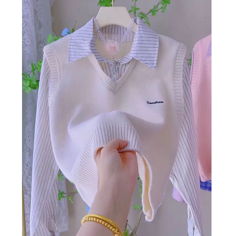 针织衬衫假两件毛衣女春秋短款学院风条纹马甲拼接软糯百搭上衣