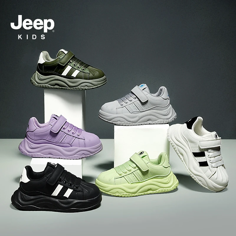 jeep儿童鞋黑色运动鞋2024春季新款皮面防水软底童鞋男童鞋子
