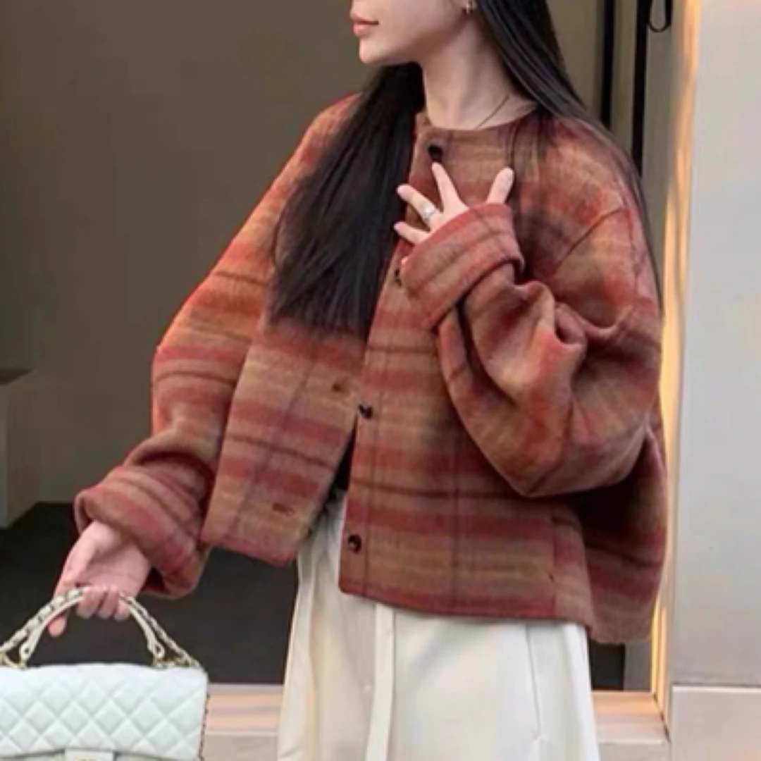 红色格子双面羊绒大衣女2024新款秋冬小个子圆领高级感毛呢子外套