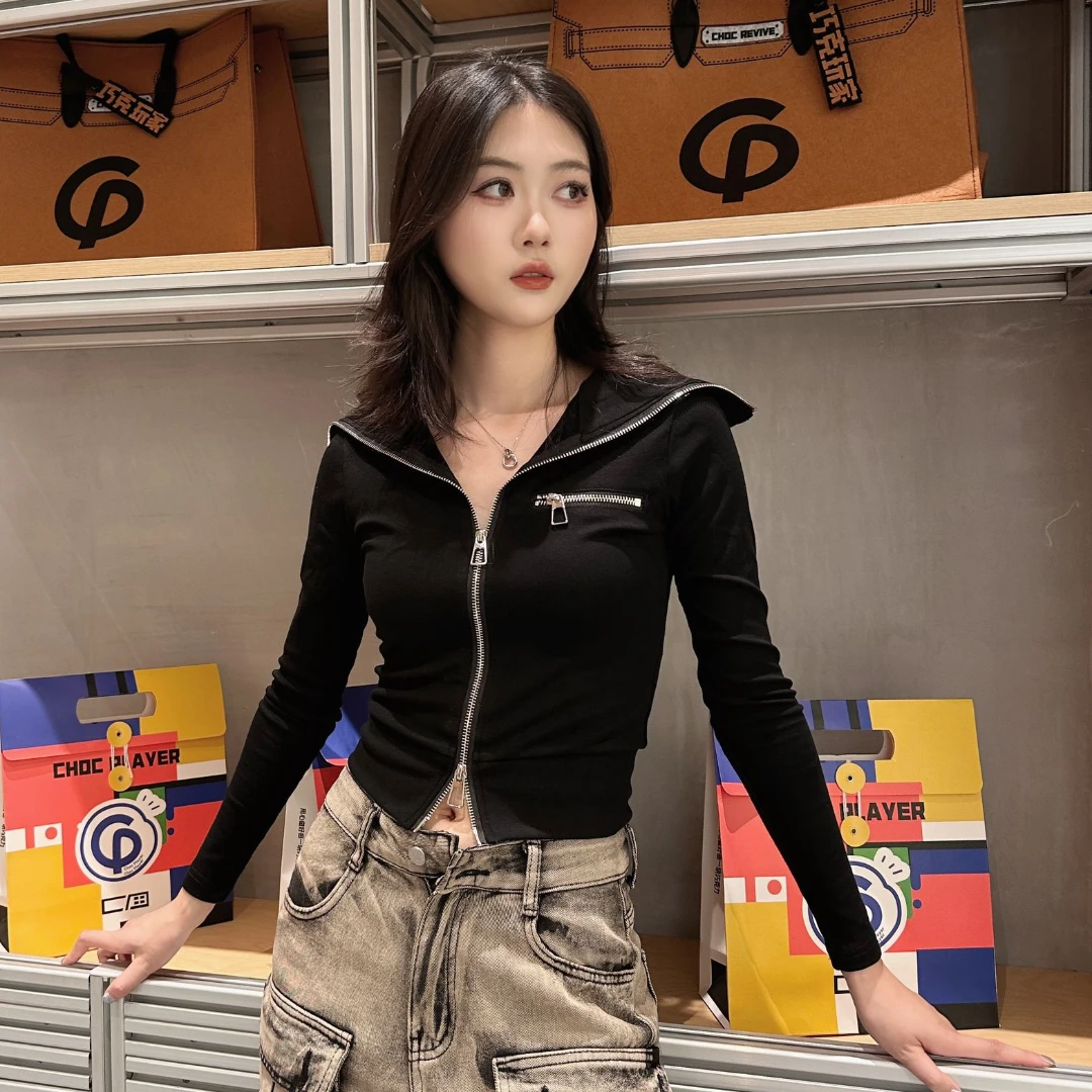 侧拉链装饰大翻领弹力棉新显瘦显高长袖减龄性感短款上衣T恤