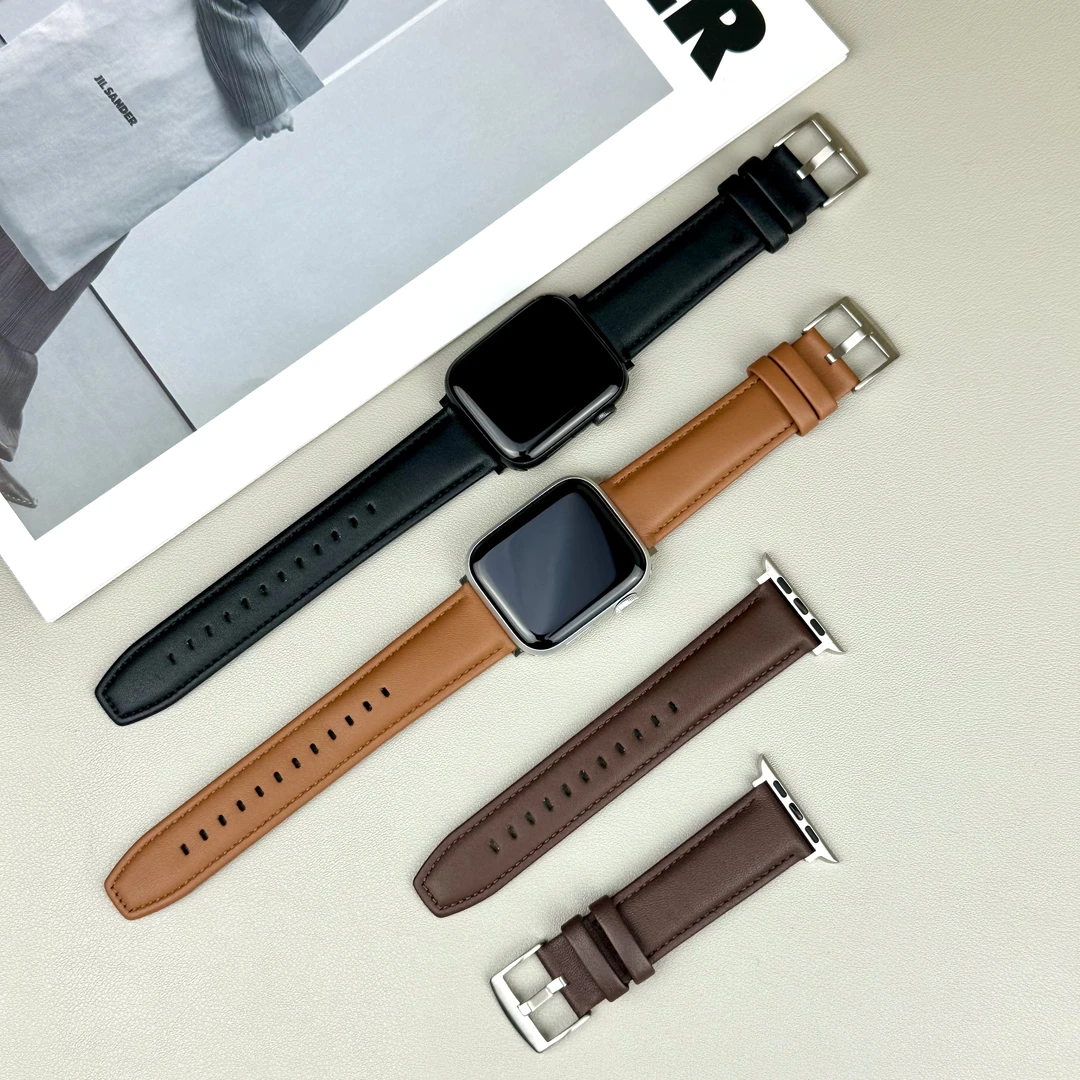 智能手表适用苹果S10牛皮表带iWatchS987针扣SE商务质感表带