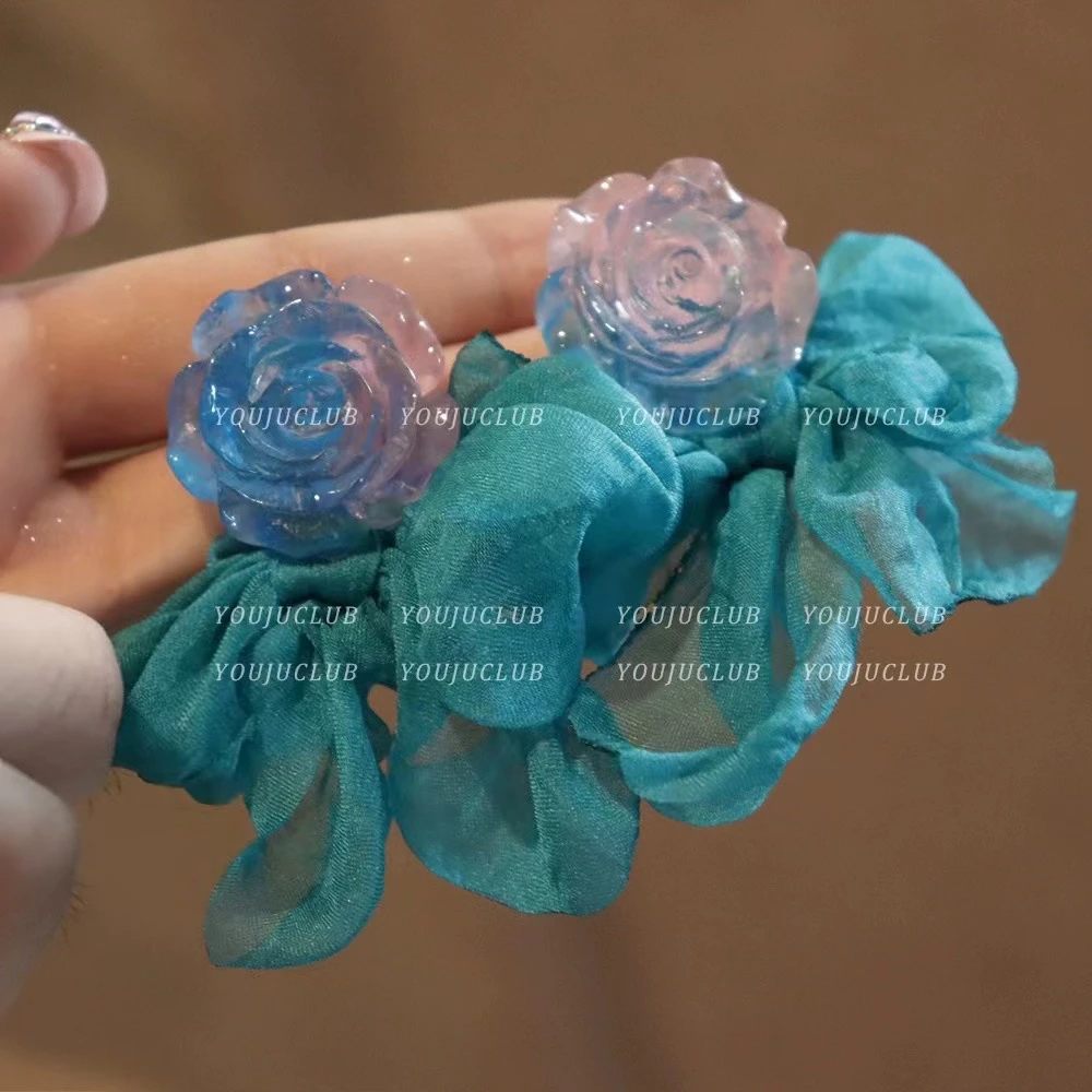 铜合金耳饰 【蓝粉玫瑰】氛围感雪纺仙气花朵耳环 B51