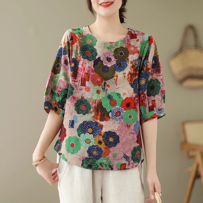 夏季新款棉麻短袖衬衫T恤女时尚宽松大码显瘦圆领印花上衣妈妈装