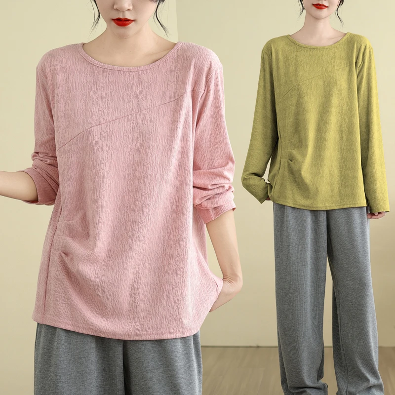 新款圆领秋冬长袖上衣宽松打底中年妈妈遮肚大码女装提花T恤200斤