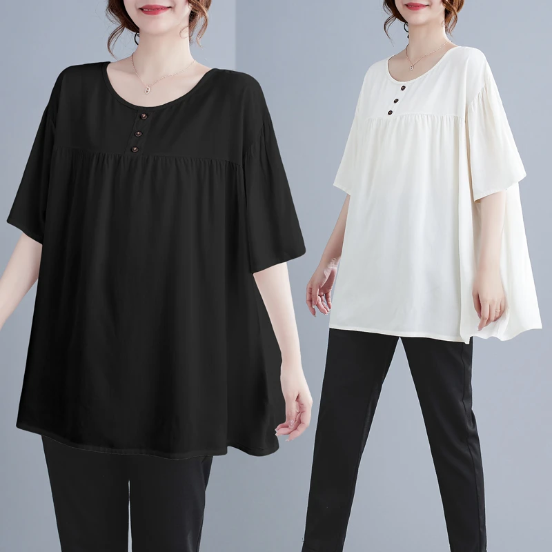 大码女装宽松简约中长遮肚宽松绵绸T恤260斤胖MM上衣中老年妈妈装