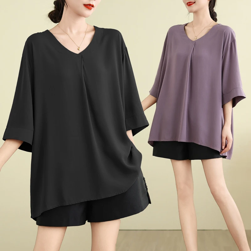 夏季中老年妈妈装绵绸五分袖衬衫宽松遮肚胖MM大码女装半袖V领