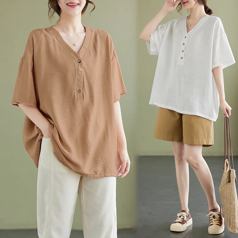夏季冰丝亚麻大码女装宽松T恤胖妹妹显瘦遮肉短袖衬衫上衣妈妈装