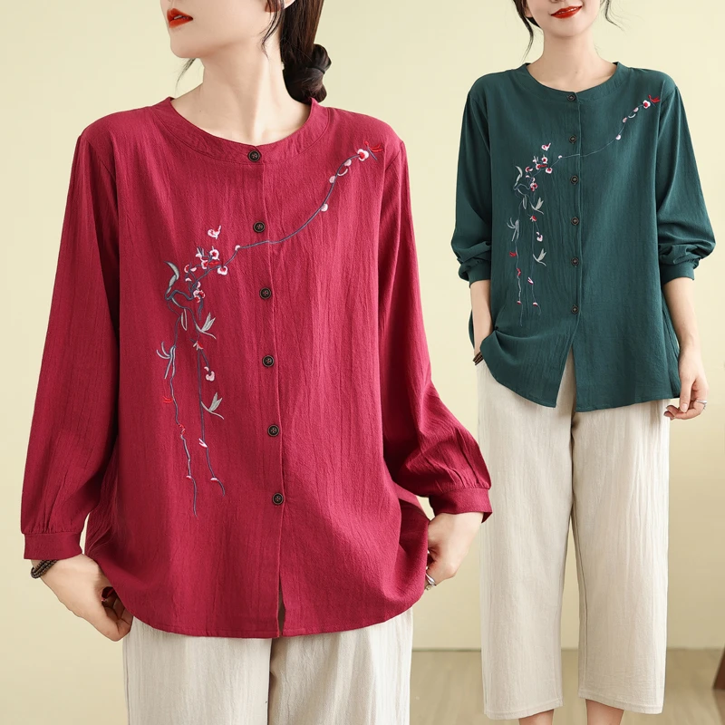 大码女装春秋新款开衫棉麻长袖中老年妈妈装宽松上衣民族风绣花