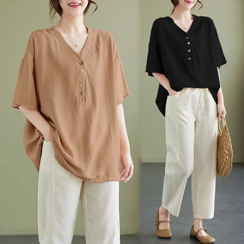 夏季宽松型短袖V领衬衫冰丝亚麻大码女装小衫上衣休闲T恤百搭薄款