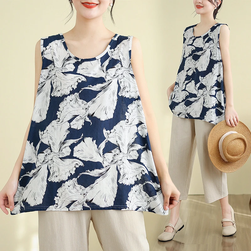 大码女背心宽松印花上衣妈妈装夏季新款薄款棉麻女装遮肚无袖杉