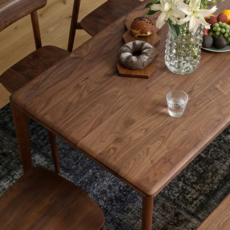 睦木家具北欧黑胡桃木餐桌简约现代表情实木长方形饭桌饭桌椅组合