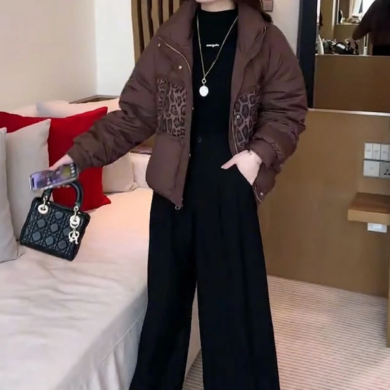 洋气百搭豹纹拼接短款棉衣女2024冬季新款宽松显瘦小个子加厚棉服