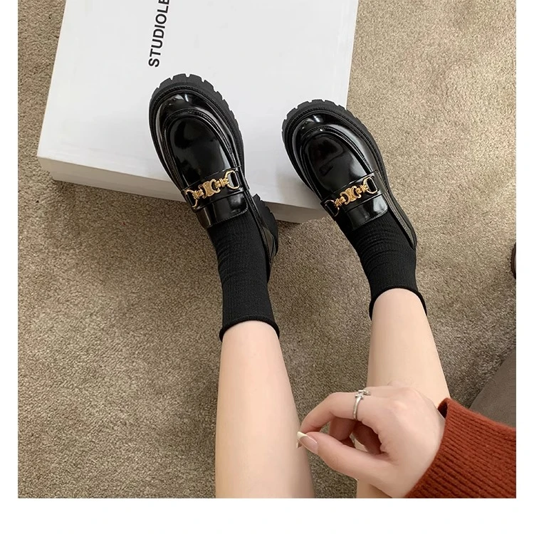 凯旋门厚底乐福鞋女2024春季新款一脚蹬单鞋圆头粗跟英伦风小皮鞋