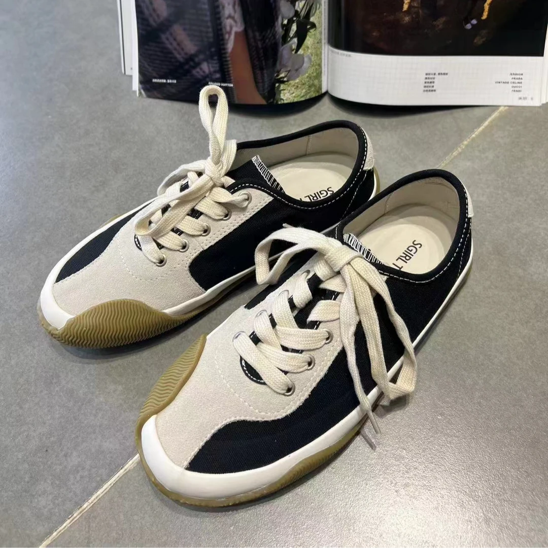 【ATAYI】2024新款复古潮流低帮韩版系带牛皮拼接帆布单鞋TN33-2#