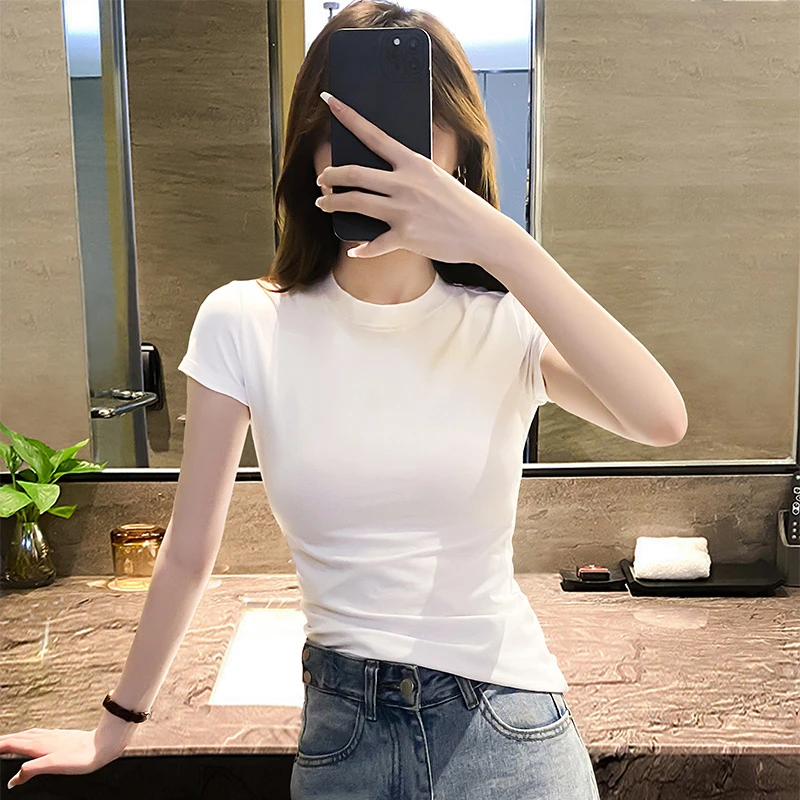 半高领短袖t恤女正肩内搭打底衫2025春季新款甜辣小上衣修身显瘦