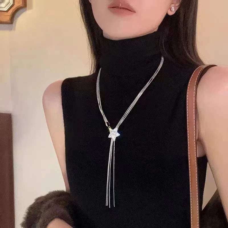 合金项链 多层星星流苏项链轻奢高级感个性简约百搭毛衣链颈链女