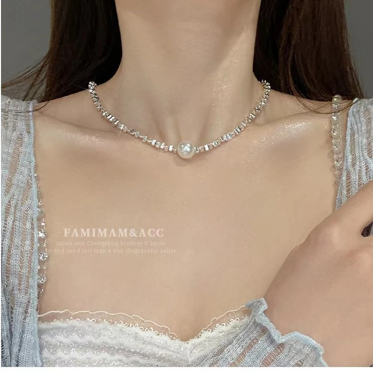铜合金仿珍珠项链 碎银几两项链女2023爆款轻奢小众高级感锁骨链