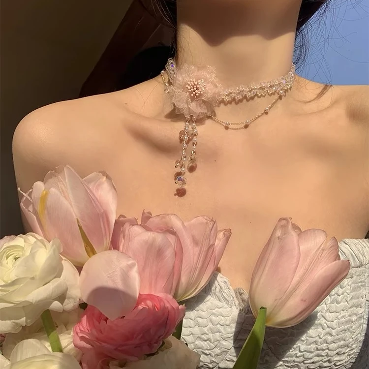 合金仿珍珠项链 度假风粉色花朵流苏项链女款新款hoker颈链锁骨链