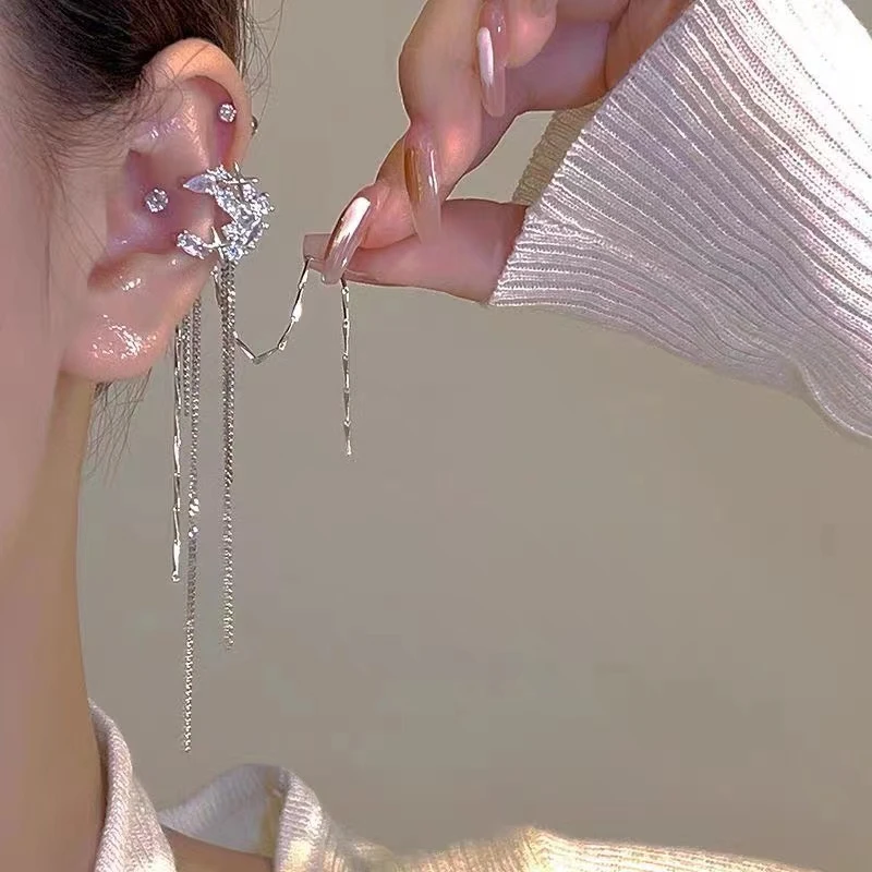 铜合金耳饰 锆石芒星月亮耳环女流苏无耳洞耳夹长款冷淡风耳骨夹